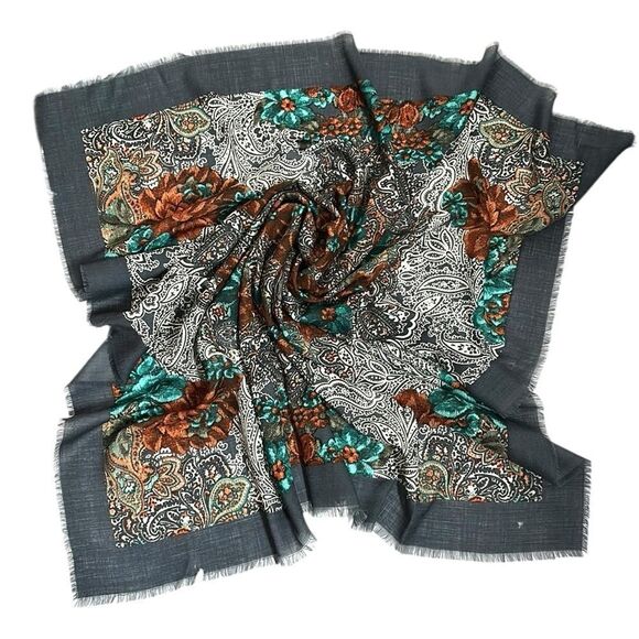 Vintage Ray Strauss Large Wool Square Scarf Shawl Gray Paisley Floral Italy - Picture 4 of 13
